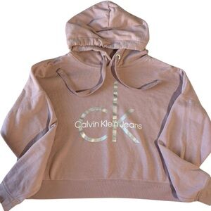 Calvin Klein Jeans Pink Cropped Hoodie M Metallic CK Logo Pullover Sweatshirt